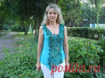 Купить туника"Лазурь" - бирюзовый, кружево ручной работы, ирландское кружево, шифон, кружево крючком, лазурный