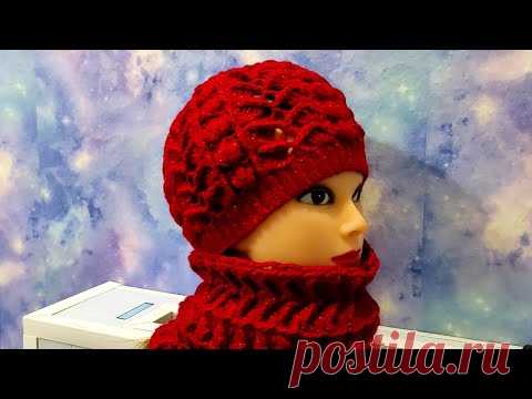 Комплект шарфик и шапочка пышными и рельефными столбиками крючком.  Шапочка для начинающих.