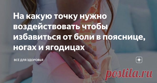 На какую точку нужно воздействовать чтобы избавиться от боли в пояснице, ногах и ягодицах Чаще всего нас беспокоит боль в пояснице, ногах и ягодицах. Это самые активные части нашего тела, на которые приходится большая физическая нагрузка в течение всего дня.
Поясничная боль самая неприятная боль. В пояснице могут возникнуть на столько сильные прострелы, что иногда приходится делать блокаду поясничного отдела позвоночника. В случае обострения болезненности в позвоночнике, ногах и