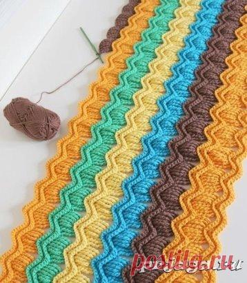 Зигзагообразный узор крючком
Описание: http://prjaga.ru/uzory-vyazaniya/kryuchkom/zigzagoobraznyj-uzor-kryuchkom