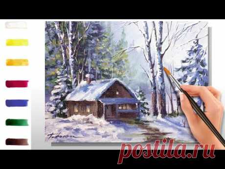 Зимний коттедж. День. Как нарисовать пейзаж 🎨АКРИЛ! Сезон 10-13 | Мастер-класс ДЕМО