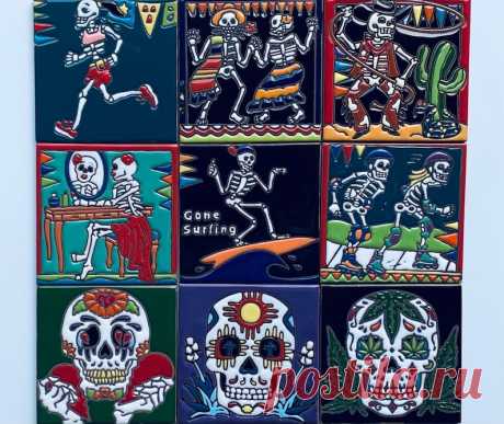 Azulejo mexicano de Talavera, Tema del Día de los Muertos, Azulejo de cerámica, Hecho a mano, Esqueletos, Decoración del hogar, Posavasos, Pintado a mano 4X4 - Etsy Chile