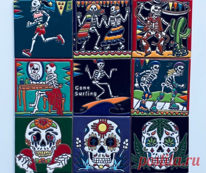 Azulejo mexicano de Talavera, Tema del Día de los Muertos, Azulejo de cerámica, Hecho a mano, Esqueletos, Decoración del hogar, Posavasos, Pintado a mano 4X4 - Etsy Chile