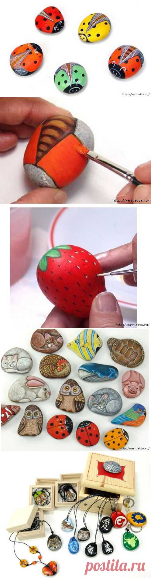 Божьи коровки и клубничка. Живопись на гальке.