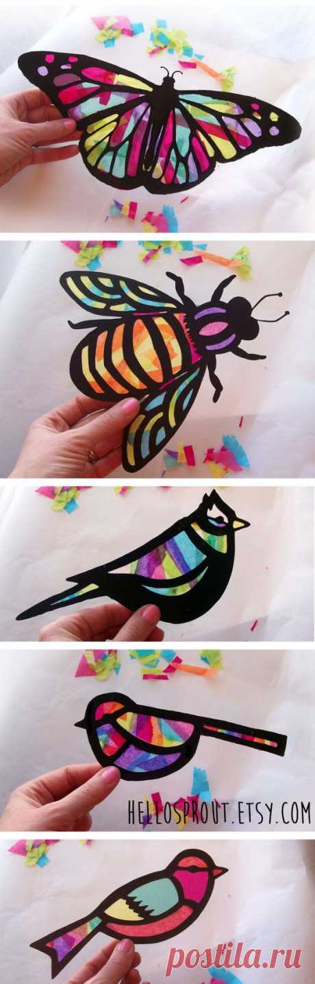 Kids Craft Butterfly Stained Glass Suncatcher Kit with Birds, Bees, Using Tissue paper, Arts and Crafts Kids Activity, project | kreativt med barn