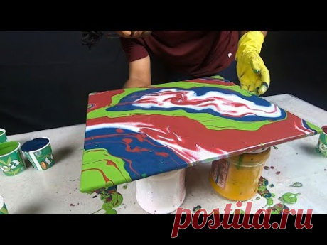 Loving this Green, Maroon, Blue, Silver Delight with Stripped Pour Acrylic Fluid Art