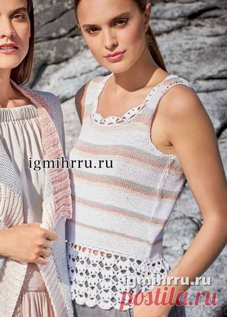 Летний светлый топ с ажурной баской. Вязание спицами и крючком
