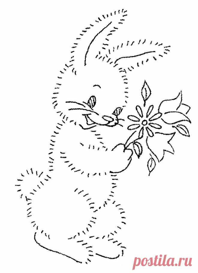 Кролик с цветами - вышивка детям