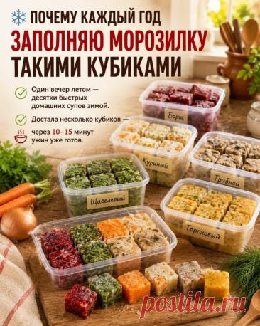 Девочки, каждый год ловлю себя на одной мысли: зимой всегда благодарю себя за то, что летом не поленилась сделать эти заготовки. Потратила всего один вечер — и потом не нужно каждый раз доставать гору овощей, всё чистить и долго стоять у плиты.
Достала несколько кубиков из морозилки, добавила в бульон — и совсем скоро на столе уже горячий домашний суп. Особенно выручает, когда времени совсем мало.