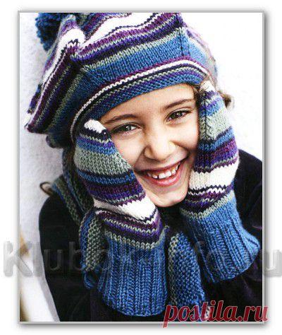 Вязание спицами для детей. Комплект в полоску для девочки 2-10 лет: берет, шарф и варежки