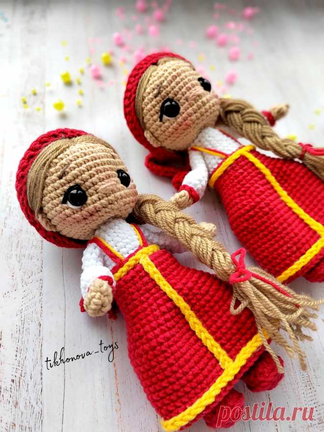 PDF Алёнушка крючком. FREE crochet pattern; Аmigurumi toy patterns. Амигуруми схемы и описания на русском. Вязаные игрушки и поделки своими руками #amimore - кукла в сарафане из обычной пряжи, куколка девочки в славянской традиционной одежде.