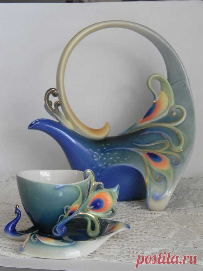 Vintage Franz Kathy Ireland Peacock Splendor Porcelain Tea Pot, Tea Cup, & Saucer Colorful Blue Peacock Multi Color Tea Set