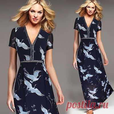 Womens Elegant Chiffon Sexy V Neck Crane Print Casual Party Maxi Long Dress 2528 | eBay