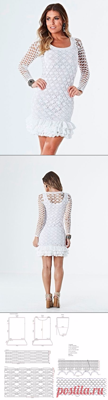 Белое платье крючком с ажурным низом. Платье с воланами вязаное крючком | Домоводство для всей семьи.