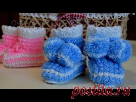 Пинетки спицами узором "Ёжик"("Кукурузка"). Baby booties.  pattern "Hedgehog" ("Corn").