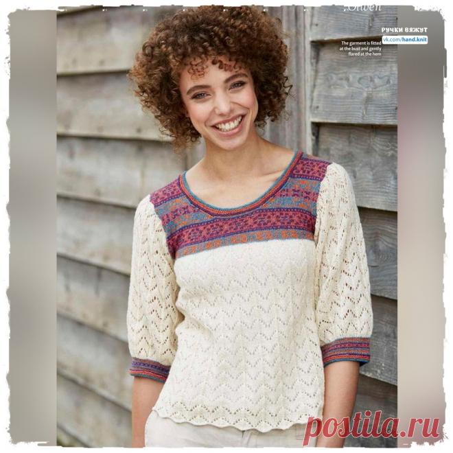 Ажурный пуловер с жаккардовой кокеткой