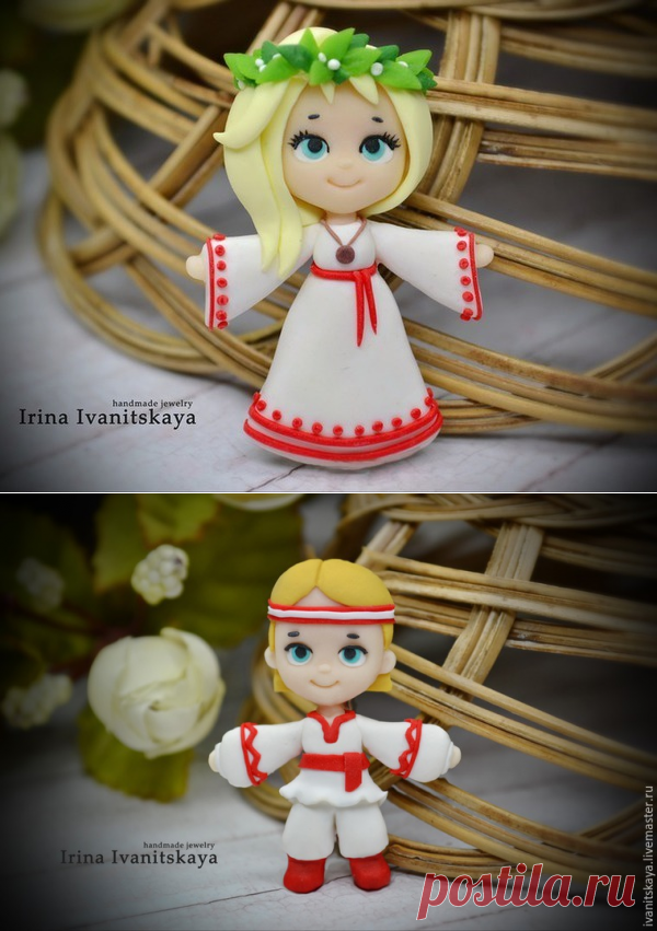 Лепим брошь из полимерной глины: девочка в платье славянского стиля – мастер-класс для начинающих и профессионалов