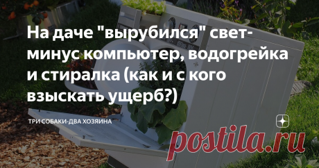 На даче "вырубился" свет- минус компьютер, водогрейка и стиралка (как и с кого взыскать ущерб?) Сейчас нарисую дачникам знакомую до скрежета зубного картинку: весна, огородные работы, весь день не разгибая спины, вечером режил отдохнуть, развалился на диванчике с бокалом холодного пенного, включаешь телевизор, или ставишь кинчик на компьютере и...БАХ! Отключается свет. Всё! Уныло звонишь председателю, тот говорит- не у нас. В поселке. Баиньки.