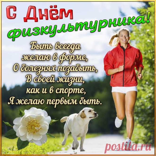 Поворот, наклон и вот —
Физкультурникам почет,
Поздравляем с вашим днем,
И Желаем этим днем —
Чтоб здоровье прибавлялось,
Солнце в небе улыбалось.