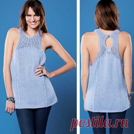 Топ с заниженными проймами
Благодаря толстым спицам топ со спортивной спинкой и глубокими проймами вяжется очень быстро, а полотно получается ажурным и эластичным.

РАЗМЕР

S/M (L/XL)

ВАМ ПОТРЕБУЕТСЯ

Пряжа (40% полиамида, 30% бамбука, 15% кашмирской шерсти, 15% шелка; 50 г/75 м) — 6 (7) мотков серо-голубой; спицы №10; круговые спицы №10 длиной 60 см; крючок №7; 1 пуговица диаметром 18 мм.

УЗОРЫ И СХЕМЫ


КРОМОЧНЫЙ КРАЙ

Первую петлю во всех рядах провязывать лицевой, по...