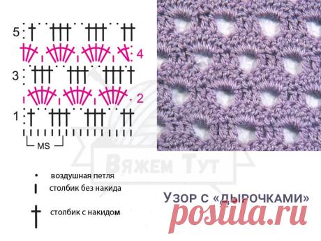 Узор с «дырочками» Плотный узор с «дырочками» выполняется крючком совсем несложно, а выглядит очень благородно.