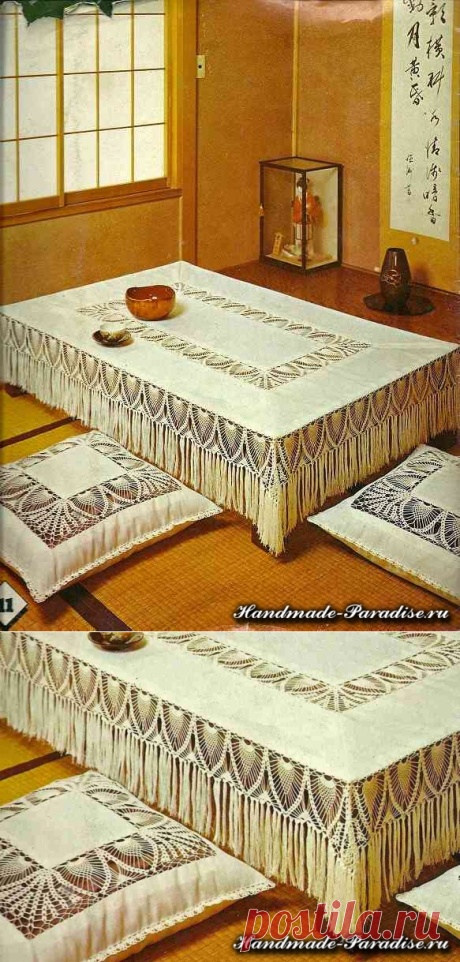 Скатерть и подушки с ажурными вставками крючком - Handmade-Paradise