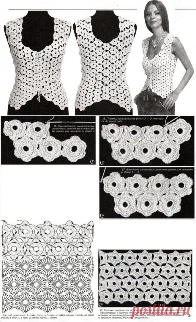 Вязание полотен из мелких цветочных мотивов без отрыва нити.