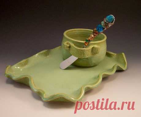 Pottery Dip Cup with Jeweled Spreader and Matching Cheese Tray in French Country…