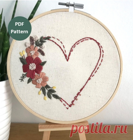Heart and Flowers Embroidery Pattern Modern Hand Embroidery | Etsy Moldova