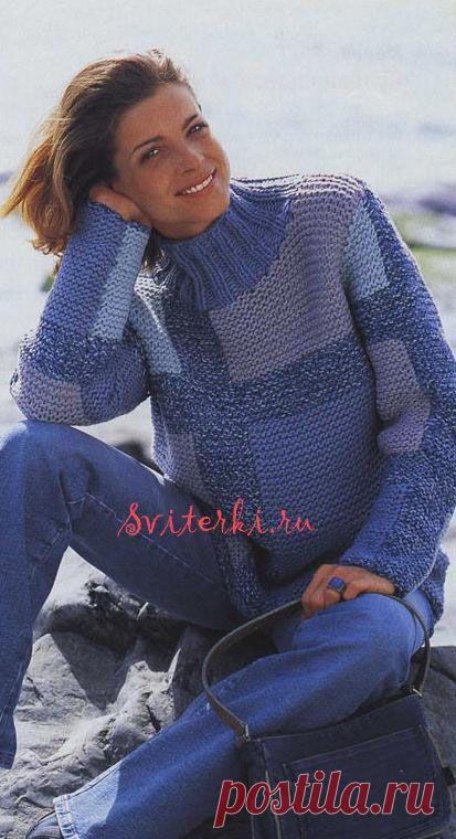 Модный вязаный свитер пэчворк с высоким воротом