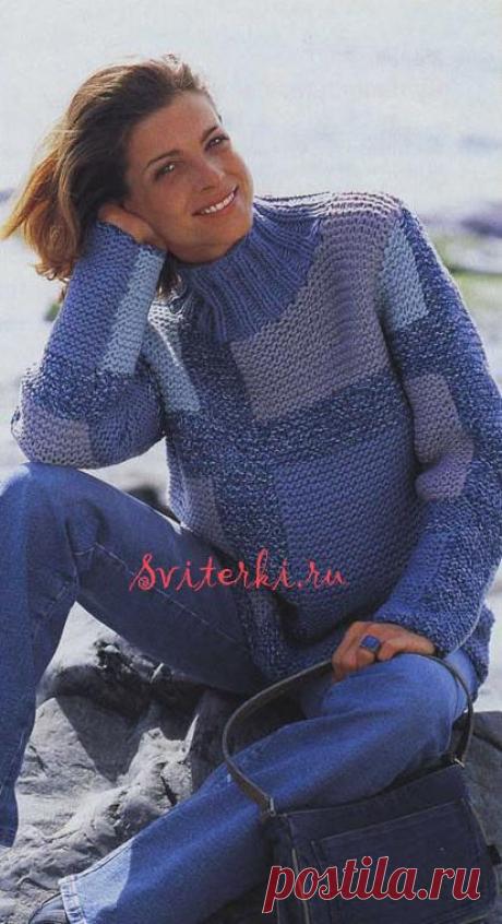 Модный вязаный свитер пэчворк с высоким воротом