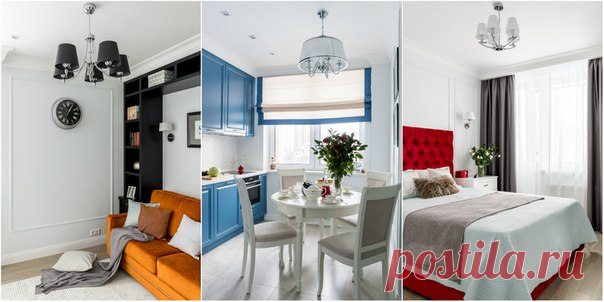 Двушка с синей кухней и красной кроватью в спальне Изначальная планировка полностью отвечала пожеланиям заказчика — дизайнер Наталья Широкорад уделила много внимания отделке: создала нейтральную базу, в которую отлично вписались яркие акценты — синий гарнитур, красная кровать и оранжевый диван. Посмотреть целиком: