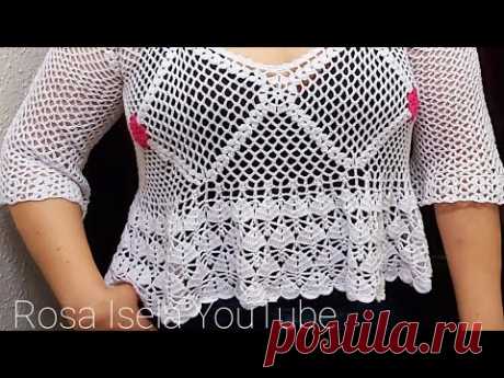 Video completo Blusa Muy fácil tejida con cuadros y punto en V