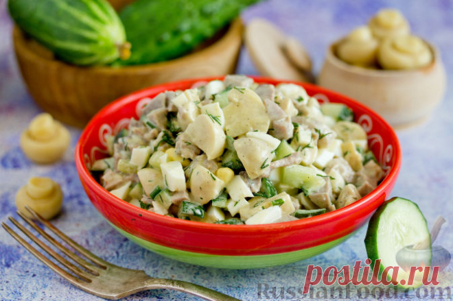 Рецепт: Салат с языком, грибами и огурцами на RussianFood.com
