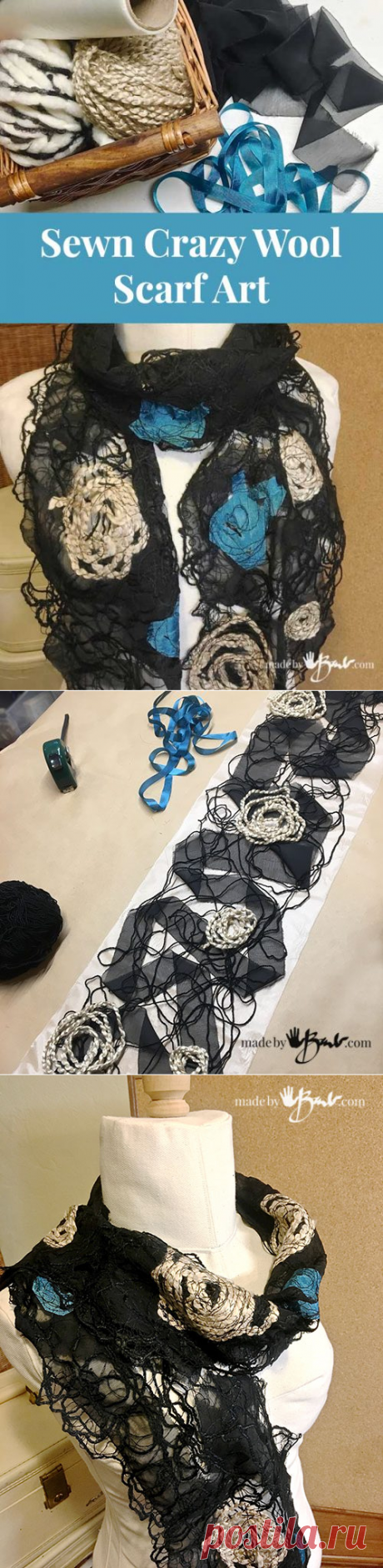 Sewn Crazy Wool Scarf Art - Made By Barb - DIY unique no knit easy scarf