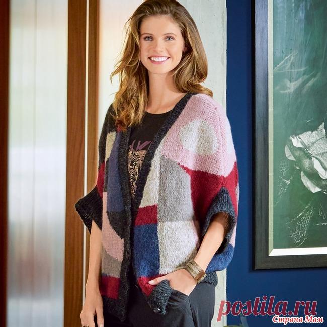 Цельновязанный кардиган с цветным графическим узором, с укороченными рукавами. Спицами. / Страна Мам