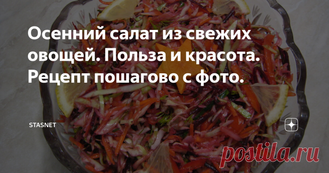 Осенний салат из свежих овощей. Польза и красота. Рецепт пошагово с фото. Здравствуйте, уважаемые подписчики и гости моего канала. Сегодня хочу вам представить рецепт, на мой взгляд, просто отличного салата, который готовится полностью из свежих овощей и без майонеза. Пусть он и не такой сытный, как мой вчерашний салат 