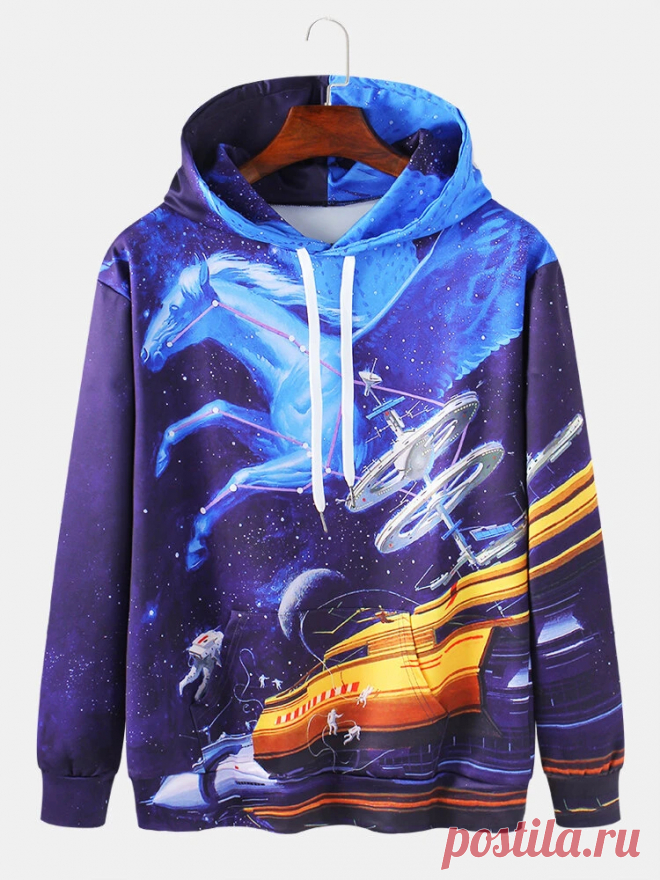 Mens Allover 3D Space Horse Print Casual Kangaroo Pocket Drawstring Hoodies - US$29.99