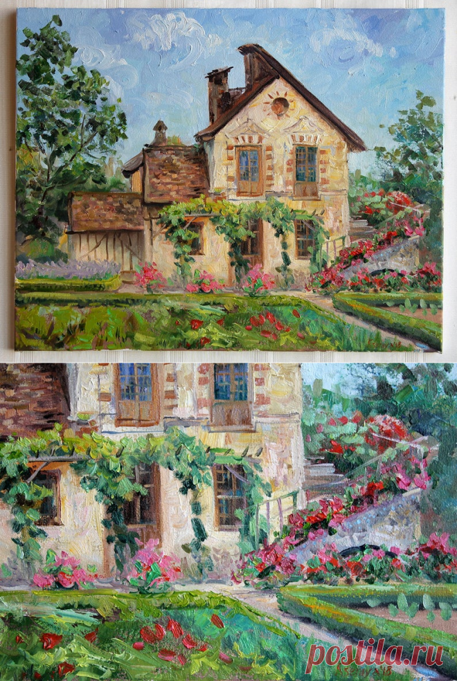 Village Old house with flowers garden landscape Original Oil | Etsy