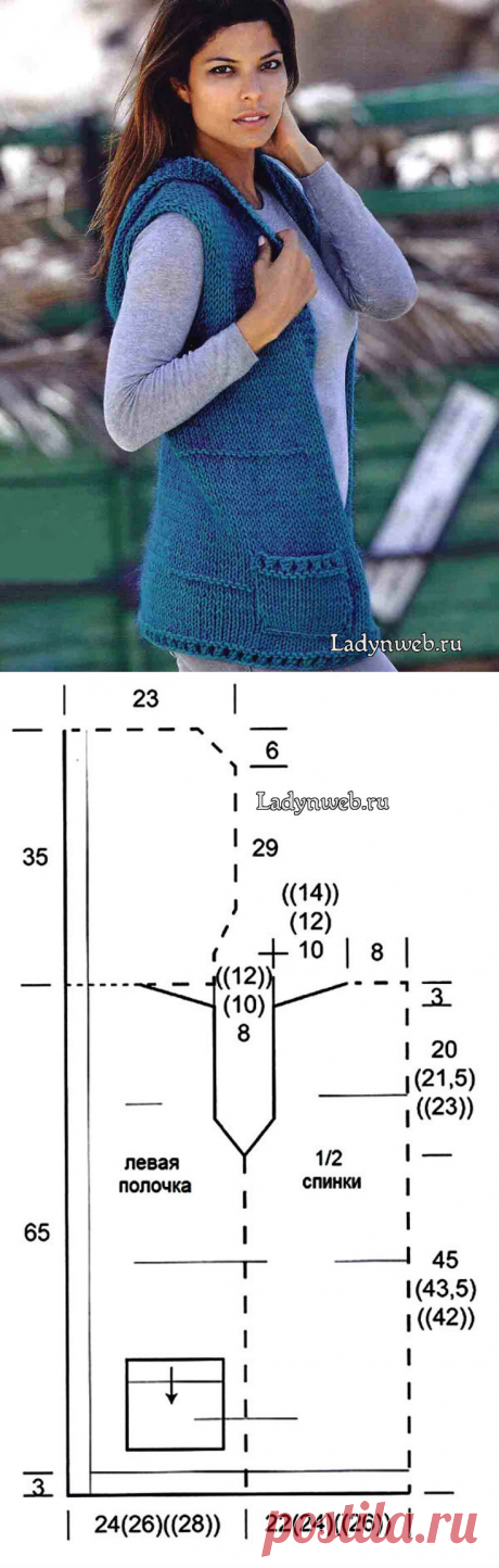 Жилет с капюшоном спицами | Ladynweb.ru Вам потребуется: 650 (700) ((750)) г пряжи типа LINIE 13 STARWOOL BIG сине-зеленого цвета (петроль) (Fb17) (100% шерсть superwash Merino, 50 м/50 г) и 100 г пряжи типа LINIE 98 CARLTON сине-зеленого цвета (Fb12) (75% мохер, 25% шелк, 225 м/25 г); обе пряжи от ONLINE; круговые спицы №9. Эта модель вяжется двойной нитью, состоящая из 1 нити STARWOOL BIG + 1 нить CARLTON.