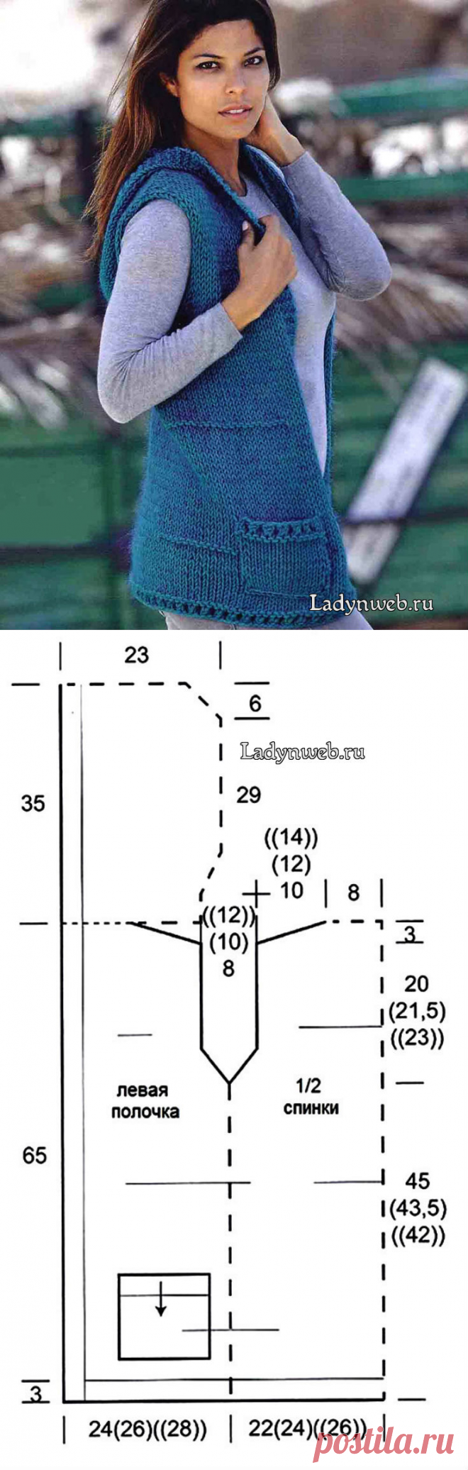 Жилет с капюшоном спицами | Ladynweb.ru Вам потребуется: 650 (700) ((750)) г пряжи типа LINIE 13 STARWOOL BIG сине-зеленого цвета (петроль) (Fb17) (100% шерсть superwash Merino, 50 м/50 г) и 100 г пряжи типа LINIE 98 CARLTON сине-зеленого цвета (Fb12) (75% мохер, 25% шелк, 225 м/25 г); обе пряжи от ONLINE; круговые спицы №9. Эта модель вяжется двойной нитью, состоящая из 1 нити STARWOOL BIG + 1 нить CARLTON.