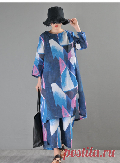 Blue Ramie Geometric Pattern Dress-Chinese Abstract Print | Etsy