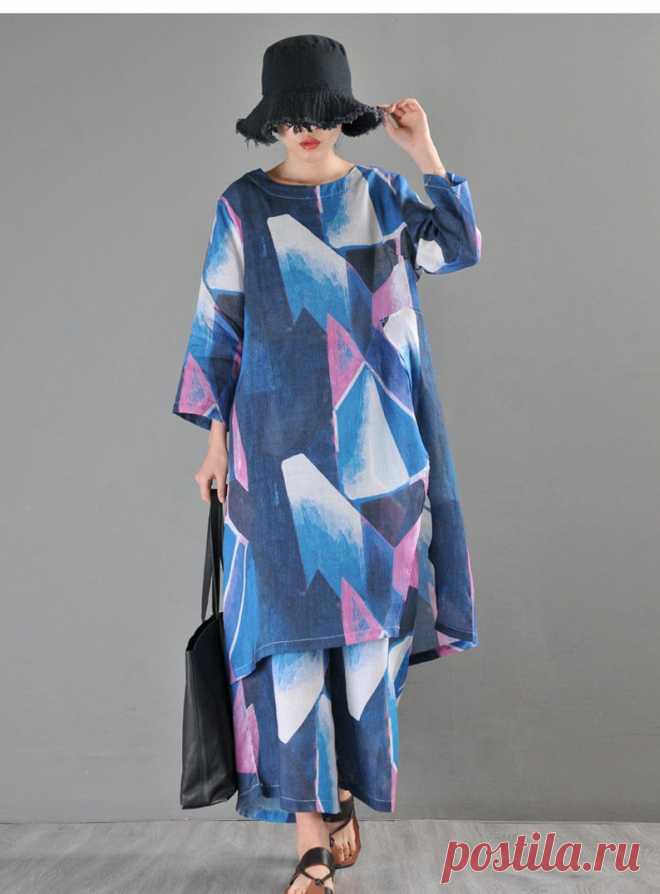 Blue Ramie Geometric Pattern Dress-Chinese Abstract Print | Etsy