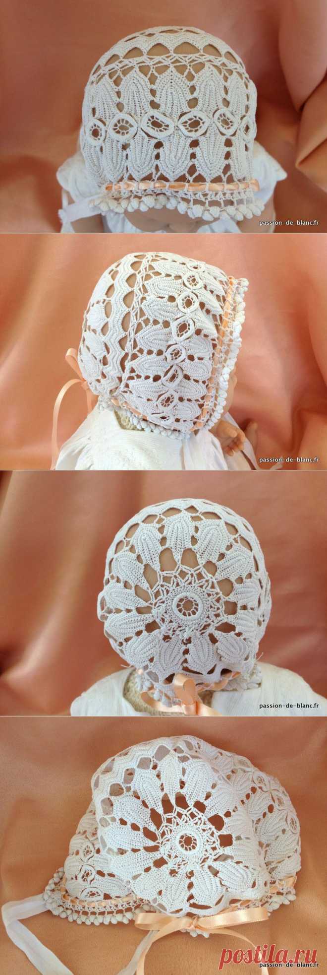 Linge ancien de bébé > Robes, robes de baptême, bonnets, bavoirs >   LINGE ANCIEN/ Joli bonnet en dentelle réalisé à la main au crochet d art - Passion de Blanc - Broderie ancienne - Antique & Vintage French linen