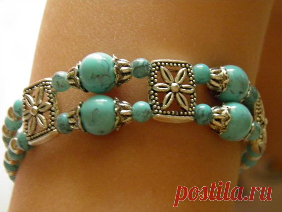 Beaded 2-row blue turkish turquoise bracelet, memory wire bracelet, tibetan…