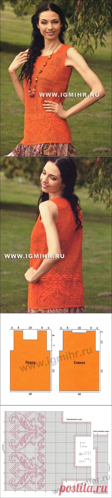 Оранжевая летняя майка, выполненная в филейной технике вязания. Крючок