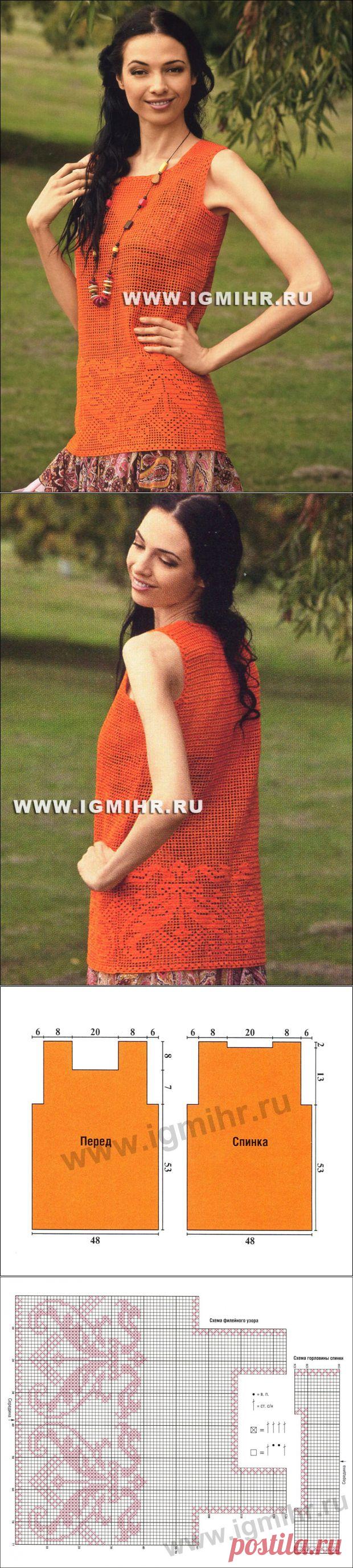 Оранжевая летняя майка, выполненная в филейной технике вязания. Крючок