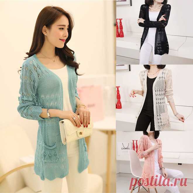 Womens Long Sleeve Cardigan Hollow Knit Knitwear Sweater Coat Outwear | eBay