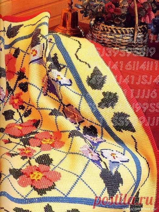 Еще пледы тунисским вязанием с вышивкой
