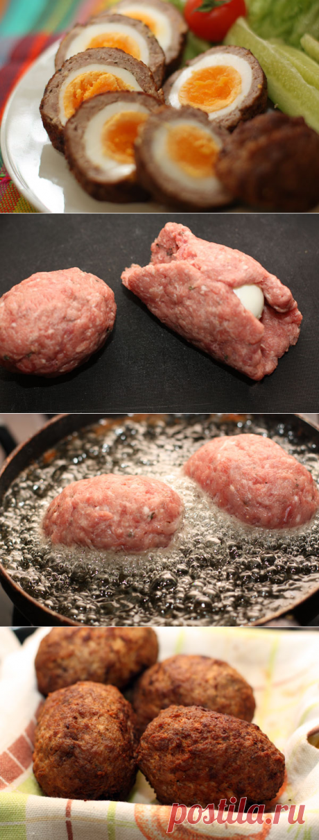 Яйца по-шотландски. PS: вкуснее всего - фарш рыбный или куриный, а яйца всмятку